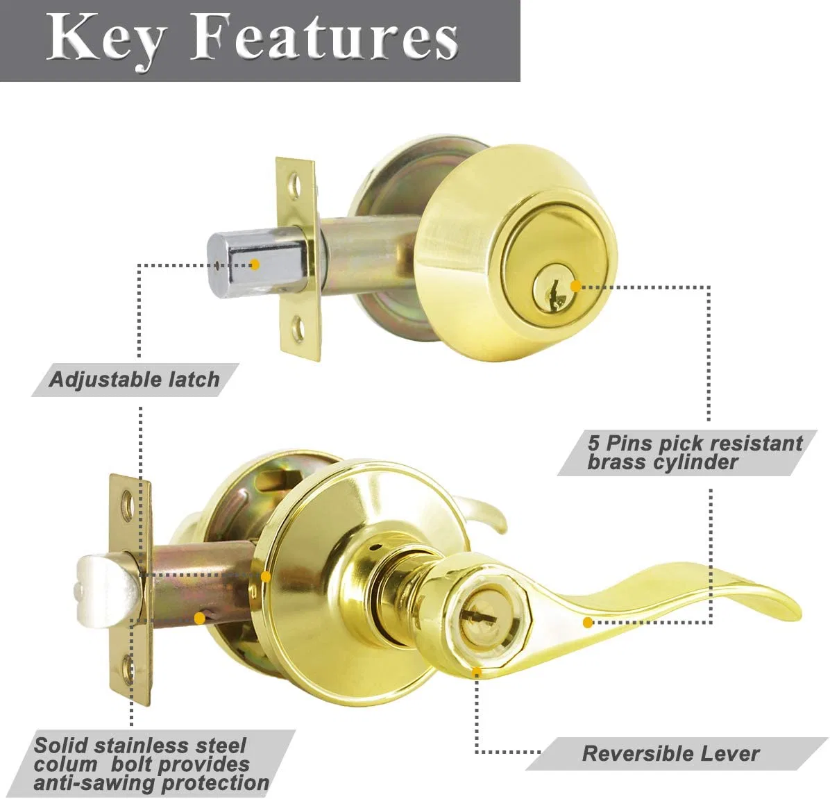 Polished Gloden Door Lever Lockset with Deadbolt Door Lock