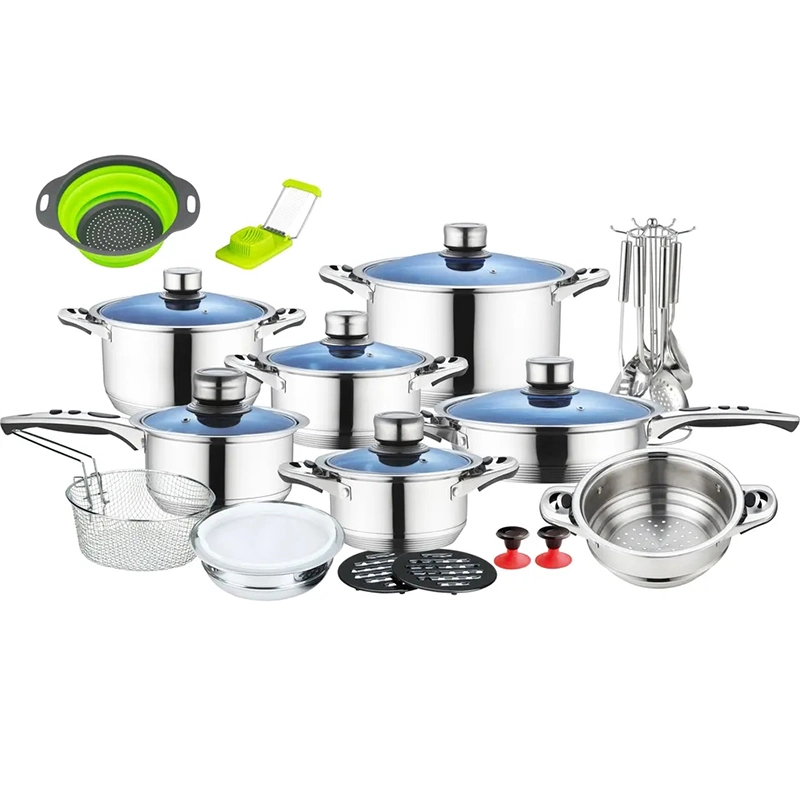 50PCS Stainless Steel Induction Cookware Sets for Home Use Factory Wholesale/Supplier Cheap Kitchenware Blue Glass Lid Cooking Pot Fry Pan