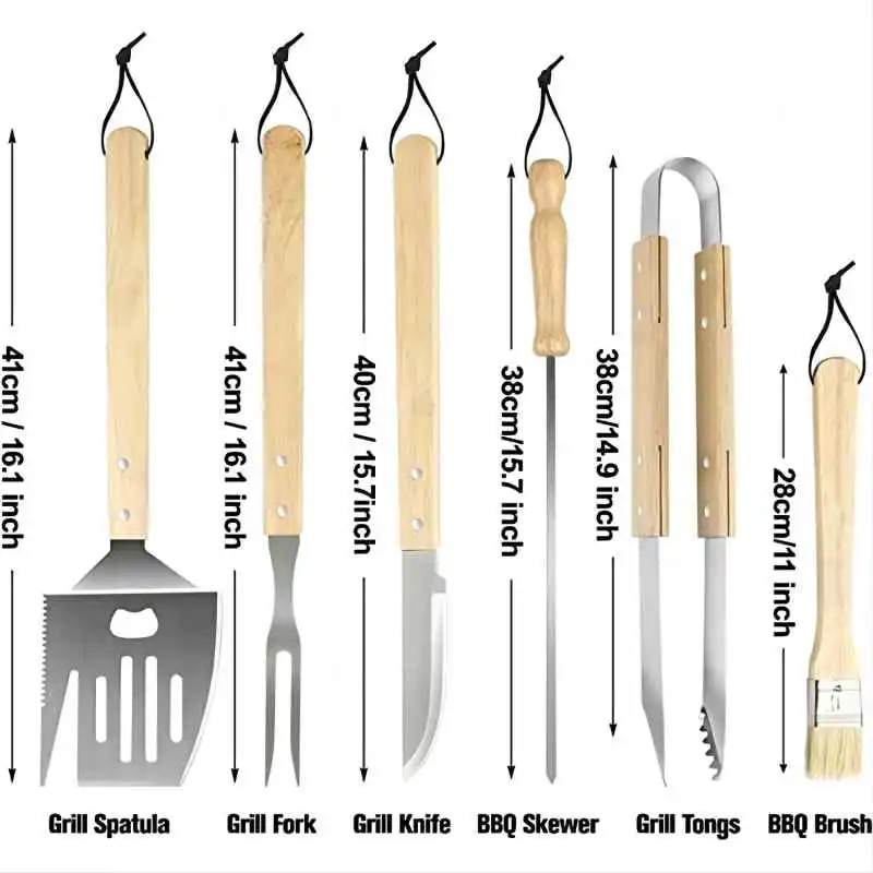 Barbecue Accessory Set of 10 Stainless Steel Tool Kit with Wood Handle
