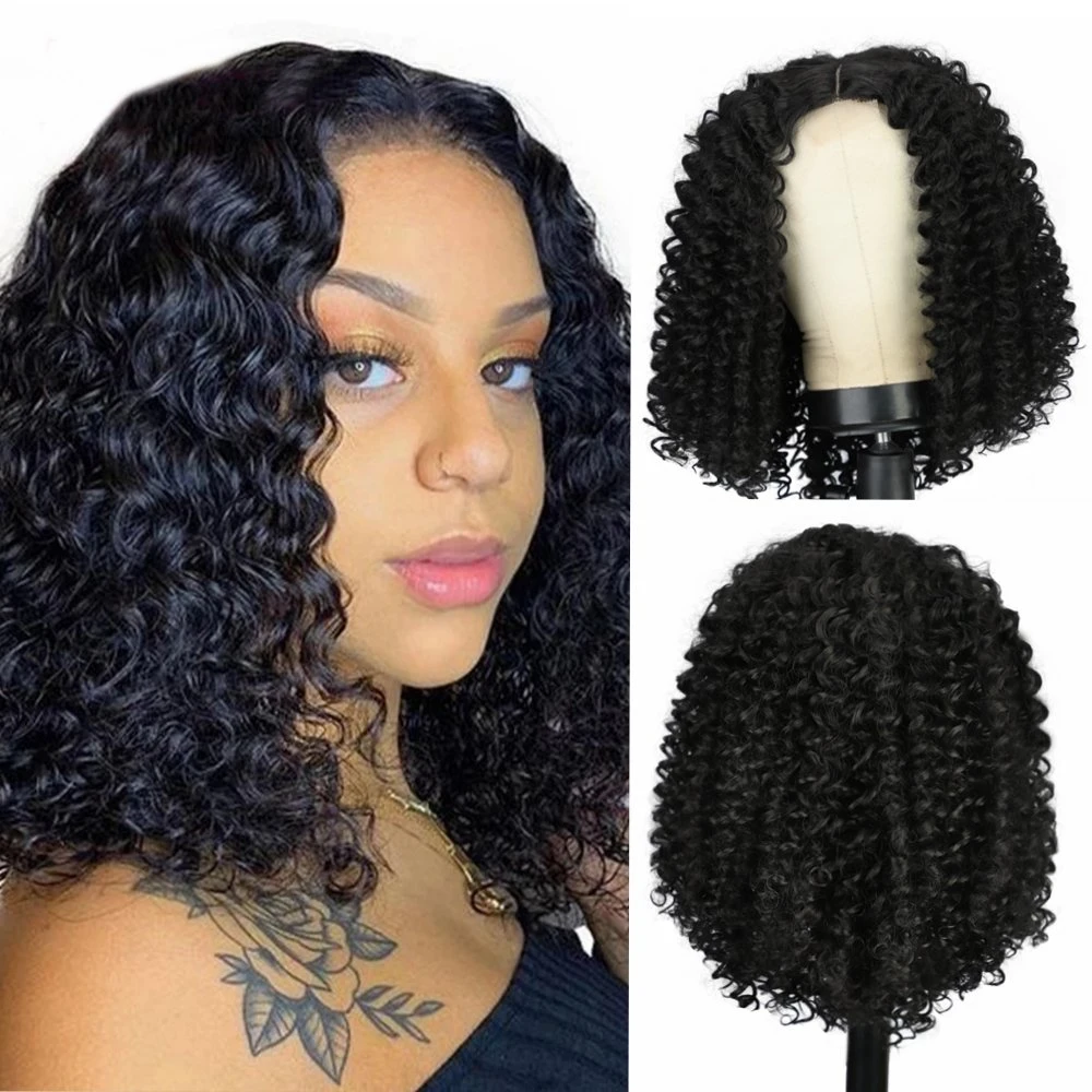 Hot Vendor Natural Black Afro Kinky Curly Short Wigs Middle Part Shoulder Length Closure Synthetic Hair