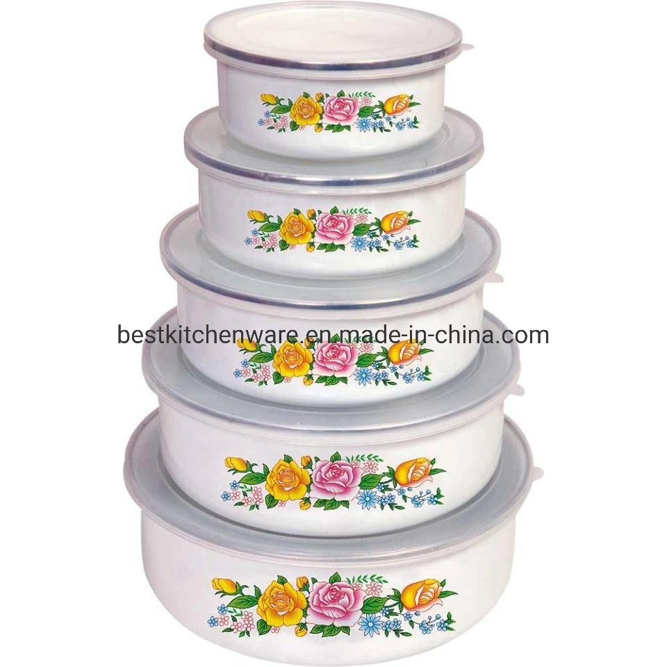 High Quality 5PCS Enamel Salad Bowl with Plastic Lid