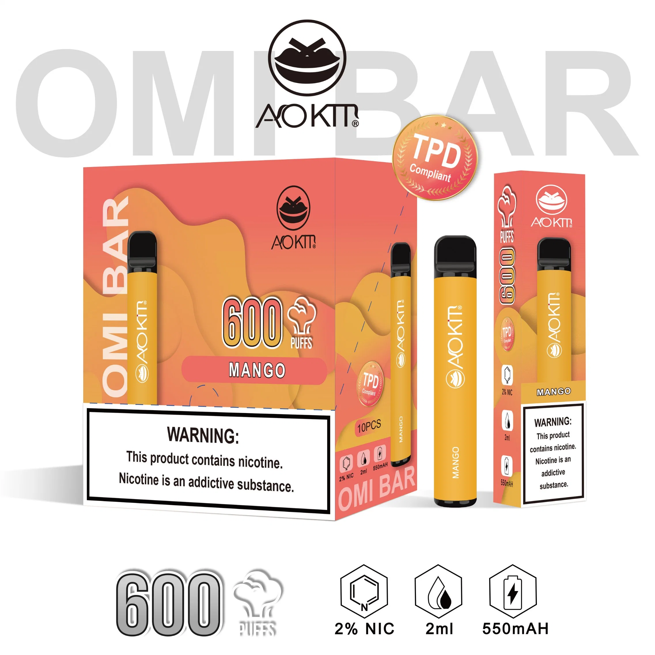 E-pipe Aokit 600 fuff cigarette électronique avec OEM/ODM d'origine DPT Pot de cartomizer jetable en gros Ecog Factory