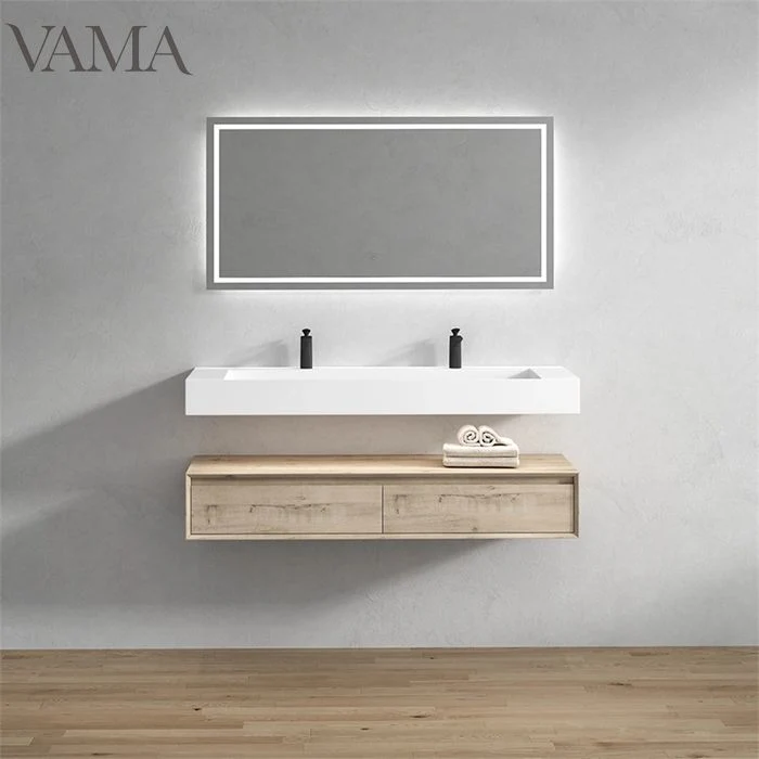 Vama 150cm One Piece Rock Stone Double Drawers Bathroom Cabinet Oak Wood Color Unit