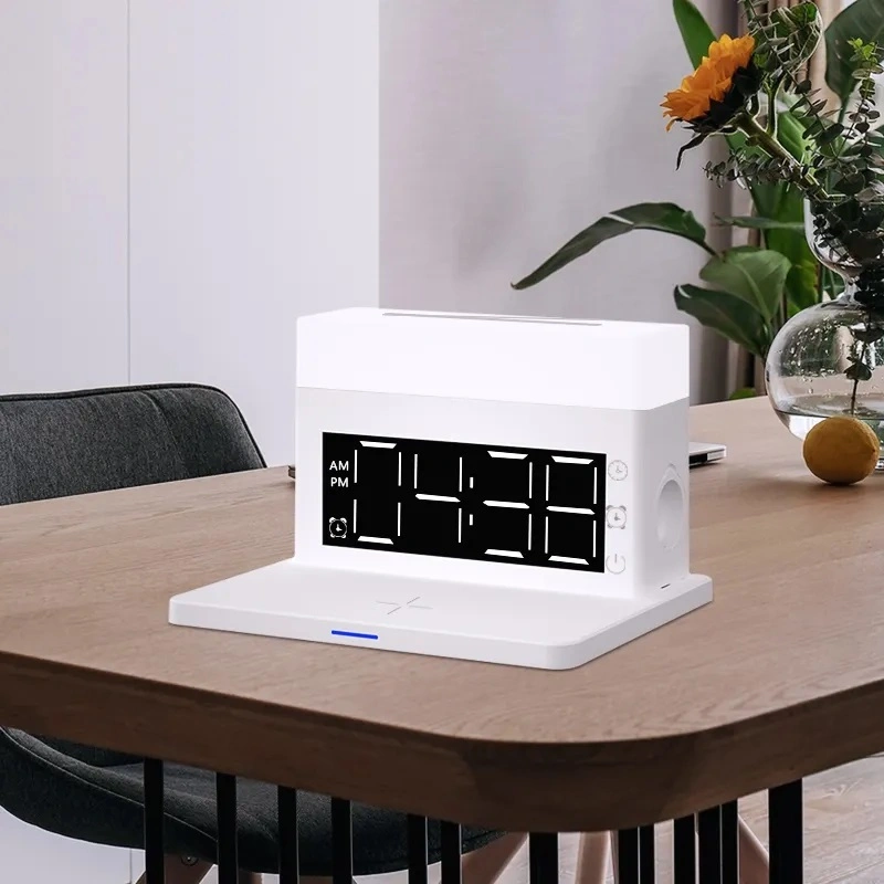 Chargeur sans fil 6 en 1 avec LED, à chaud, très fonctionnel Horloge lumineuse