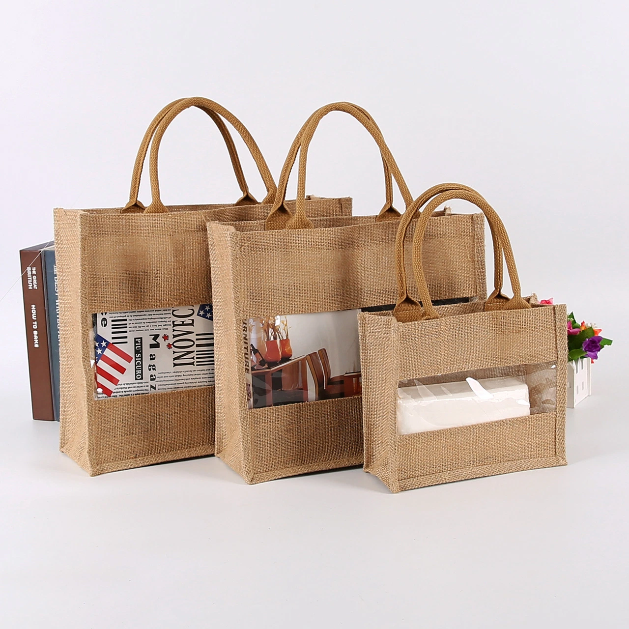 Reusable PVC Transparent Window Promotional Shopping Jute Bag