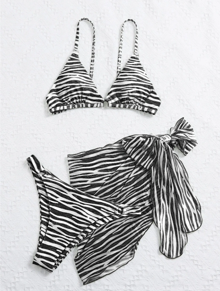 Women's 3 Piece Swimsuit Zebra Striped String Triangle Bikini Set with Sarongs Cover up Beach Skirt 3 Colors Swimwear XL