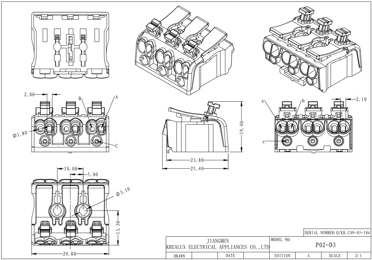 Krealux/Belecks P02-D3/9 (N/E/L) -CQC 3 Ports/Poles Screwless Push Wire Connectors