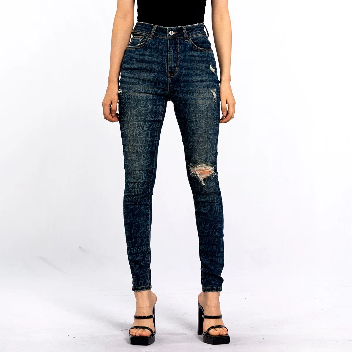 Lavado texto azul Imprimir Ripped angustiados Vintage jeans ajustados para la Mujer