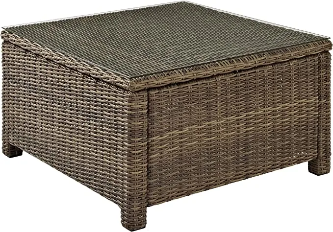 Outdoor Wicker Square Tempered Glass Top Coffee Table, Brown