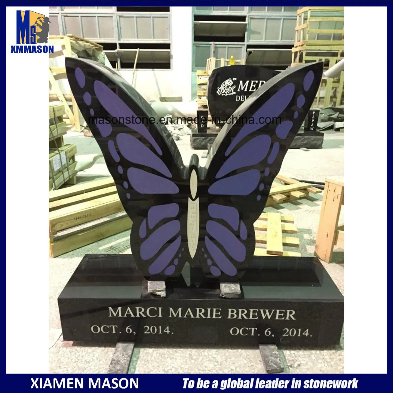 UK Custom Hand Carved 3D Blue Color Black Granite Modern Butterfly Design Slab Gravestone with Cheap Price