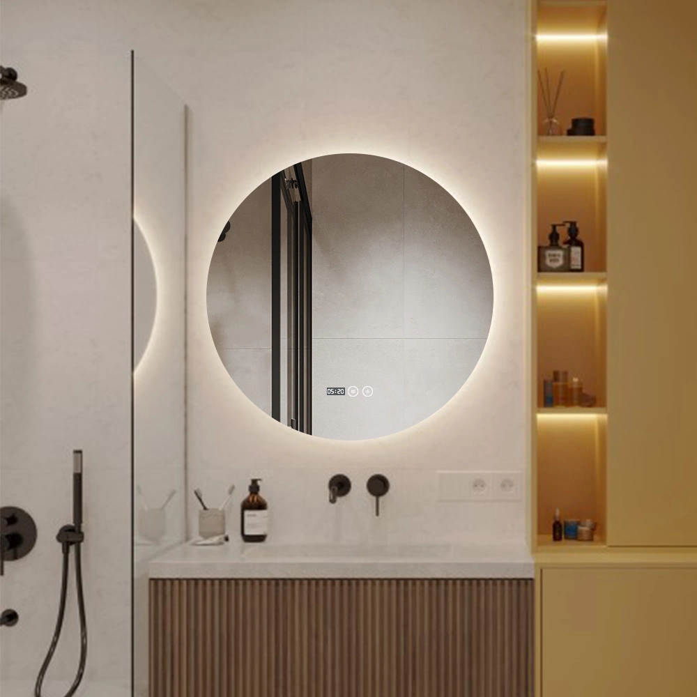 Anti-Fog Round LED Bathroom Mirror Hotel Backlit Frameless LED Light Mirror Digital Clock