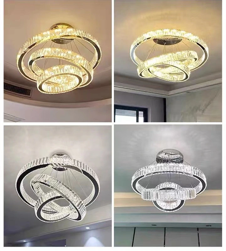 Zhongshan Home Lighting Classic Modern Design 3 Circle Stainless Steel K9 Crystal LED Chandelier Pendant Light Factory