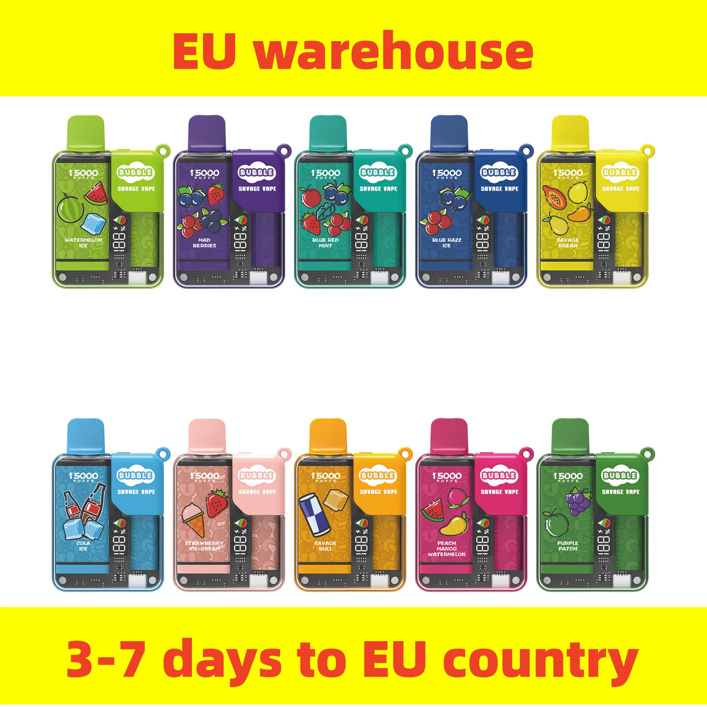 EU Warehouse High Quality Savage Bubble 15000 Puffs 12000 10000 Smart Display Child Lock 5% Nic Pen Hookah Vaper Rechargeable E Cigarette Disposable Vape 15K