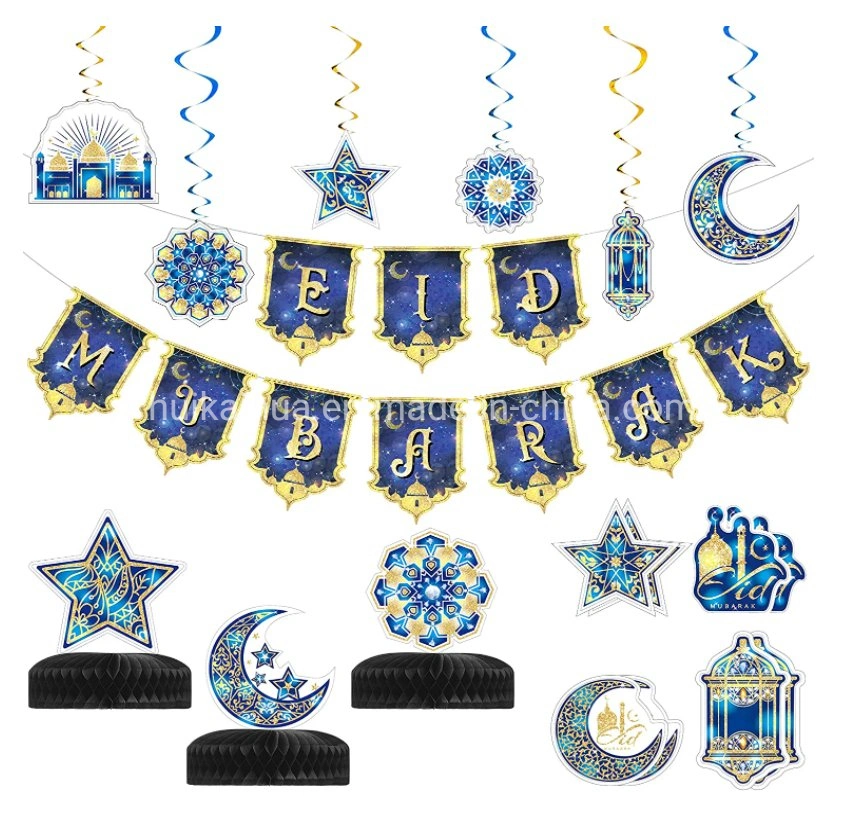 Papier DIY Blau Farbe Set Banner religiöse hängende Swirl Tisch Wabe für muslimische Gegenwart Eid Mubarak Party Dekoration