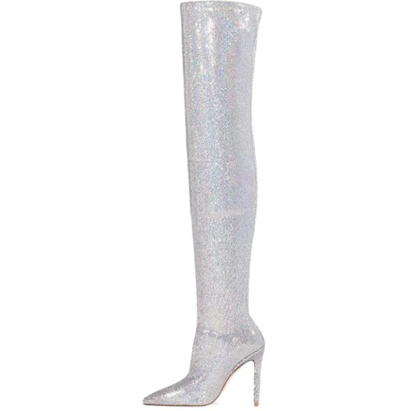 New Sexy Pointy Toe Super Stiletto Heel Ladies Long Boots Female Shoes Thigh-High Stylish Sequin Fashion Over The Knee Boots for Women