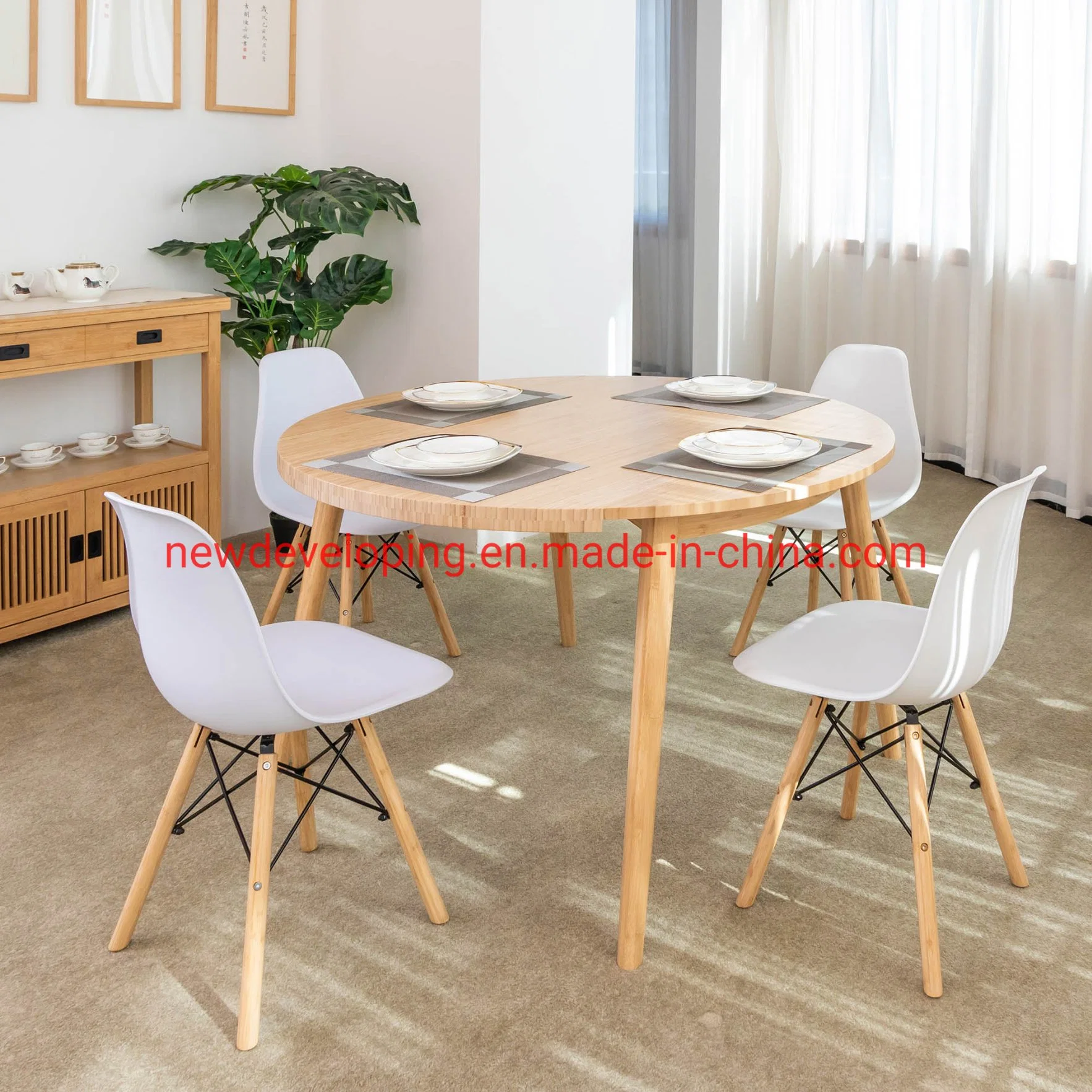 5-Pieces Popular Simple Design Extension Dining Table Room Set, Bamboo Panel Dining Furniture