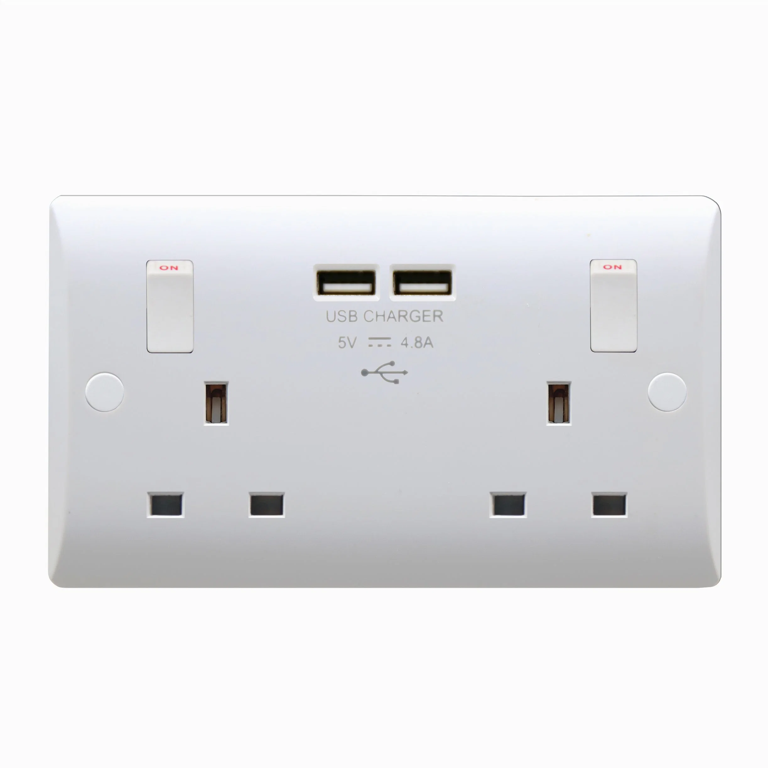 UK 13A 2gang Switched Socket +USB Outlet, Double Pole+Neon