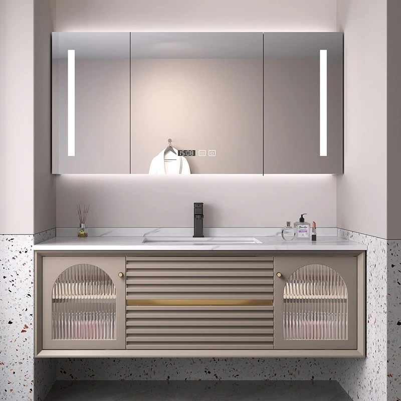 Meuble de salle de bain mural de conception extérieure exquise de couleur grise de 120 cm avec armoire de toilette de design irrégulier et miroir LED.