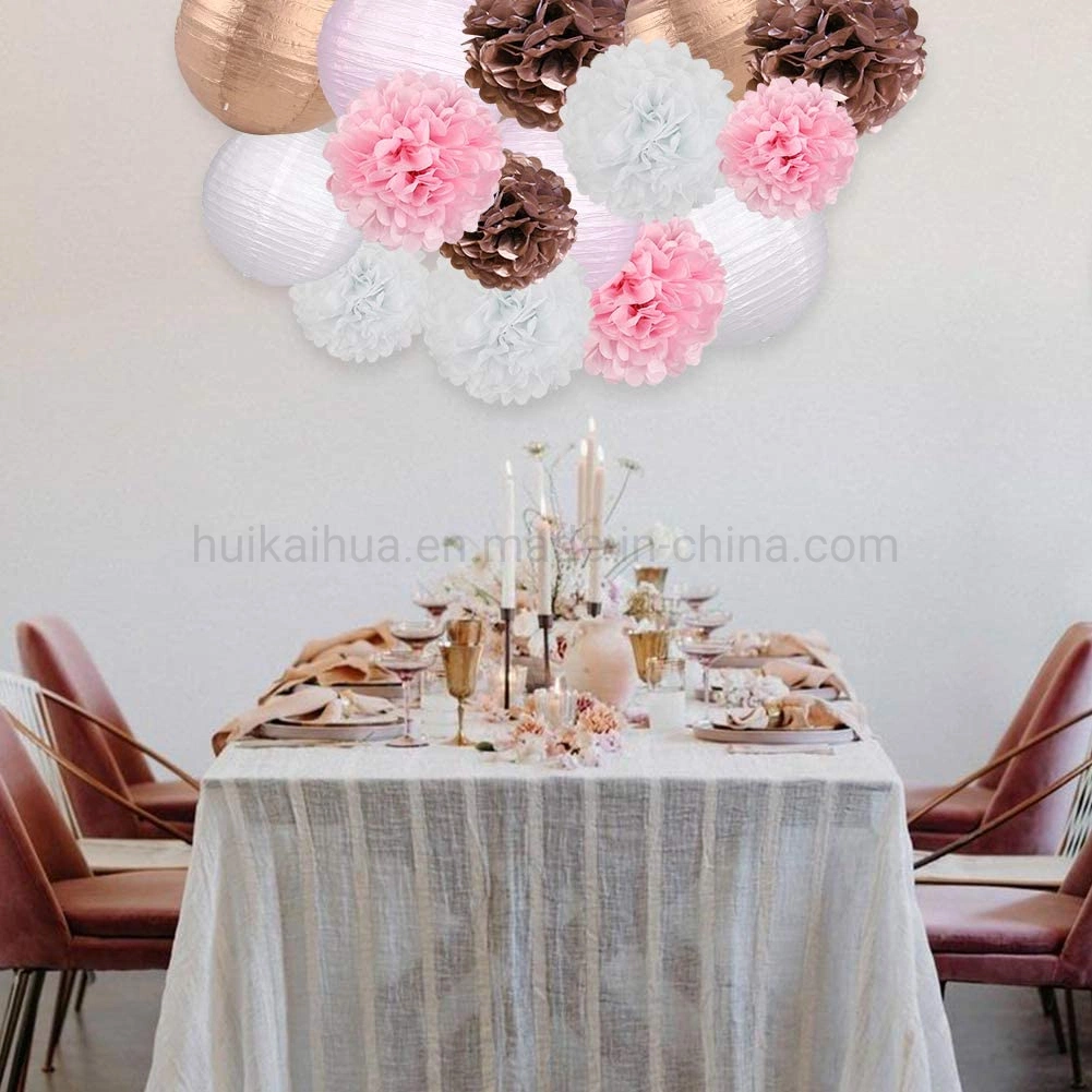 Design for Wedding Valentine's Day Birthday Party Decor Golden and Pink Hanging Round Paper Lantern and Pompom