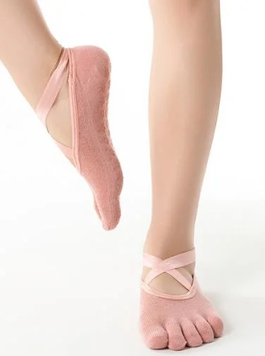 Amazon Hot Sells Wholesale/Supplier Cotton Open Toe 5 Fingers Anti-Slip Colorful Soft Ankle Knitted Ribbon Yoga Socks