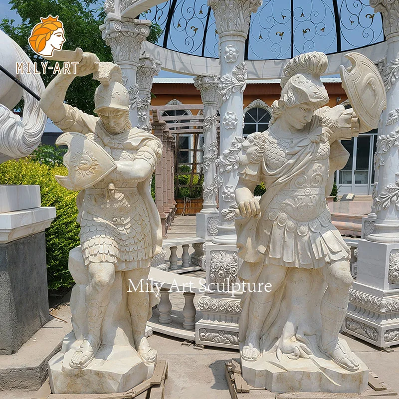 Garden Decoration White Marble Warrior Statue Dragon Slayer Fighter Sculpture