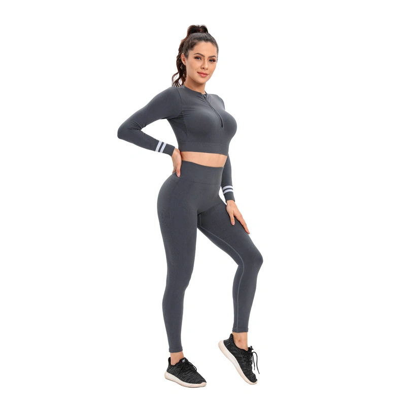 Custom Women&prime; S Sexy Low Cut Zipper Long Sleeve High Waist Yoga Pants Fitness Sportswear Yoga Suit