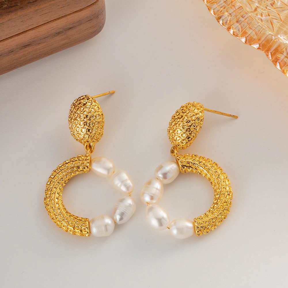 Fashion Vintage Gold Plated Brass Mix Beaded Textured Ring Natural Freshwater Pearl Drop Stud Earrings for Women