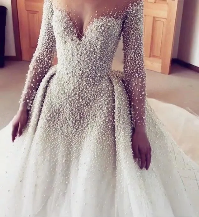Perlen Brautkleider lange Ärmel Puffy Hochzeitskleid H1237