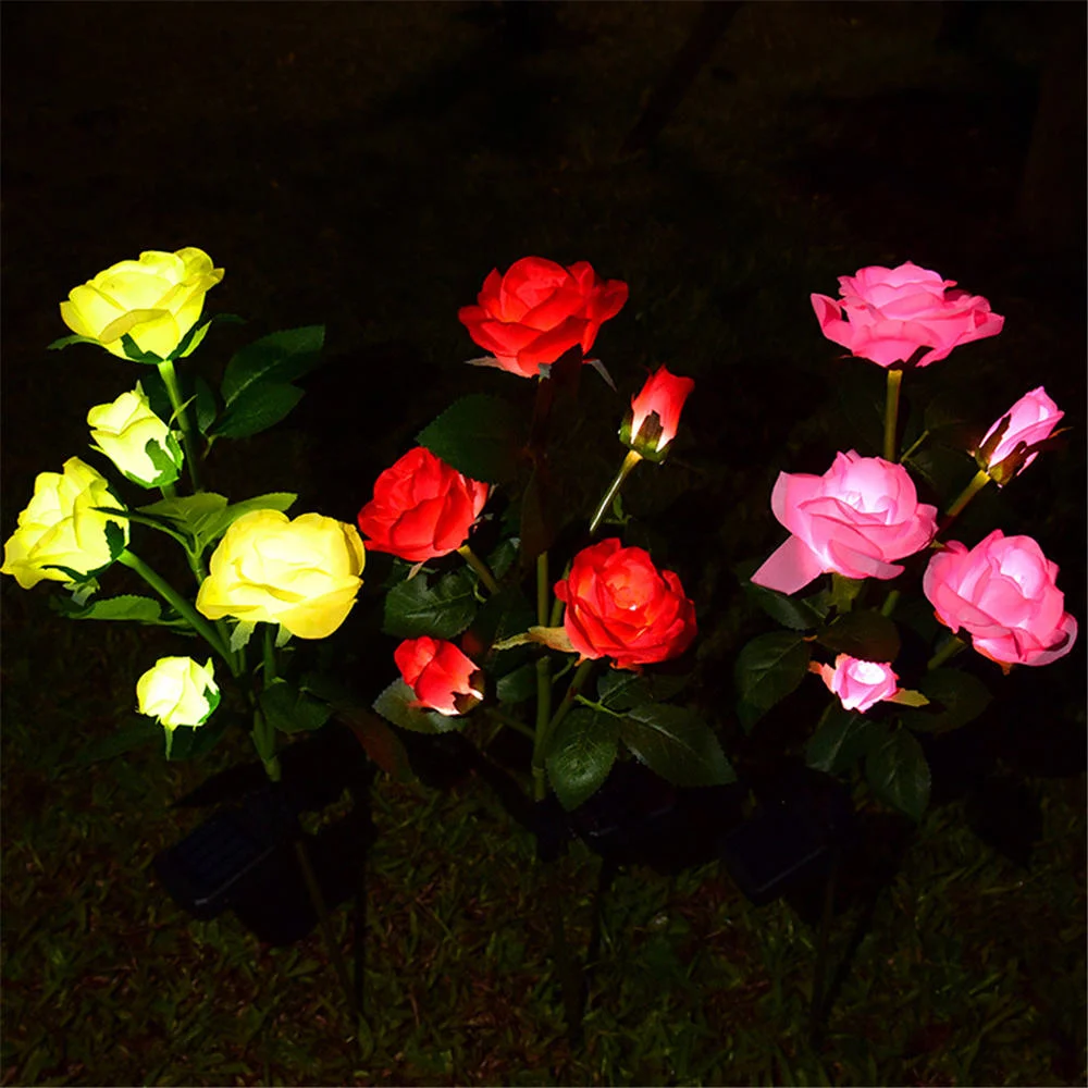 3 Cabezas Luz en forma de flor de rosa Solar Alimentado al aire libre Paisaje Jardín LED