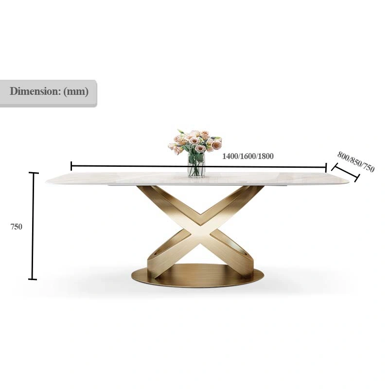 Mesa de comedor de mármol dorado de lujo moderno con silla y base de acero inoxidable.