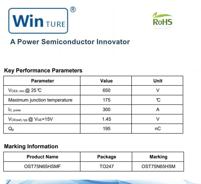 MOSFET TO247-F 800W Ost75n65hsmf à perte de commutation extrêmement faible Fabricant 30V systèmes photovoltaïques transistor IGBT Tri-Gate