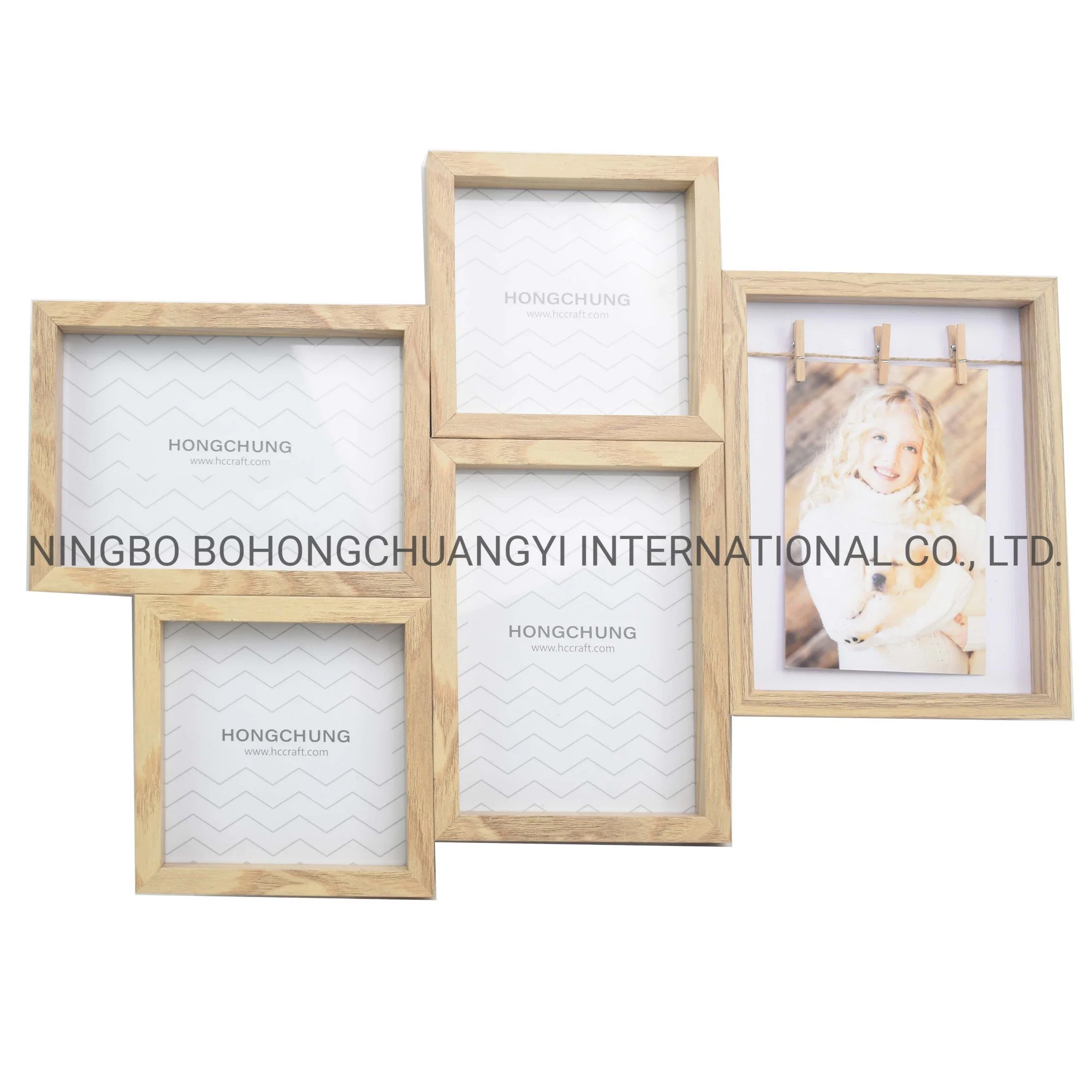 Natural Wood Frame Wall Mounted Collage Photo Frame Multi Openings Picture Frame