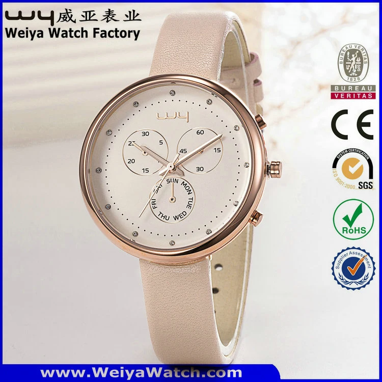 OEM/ODM Leather Strap Quartz Ladies Custom Wrist Watch (Wy-091A)