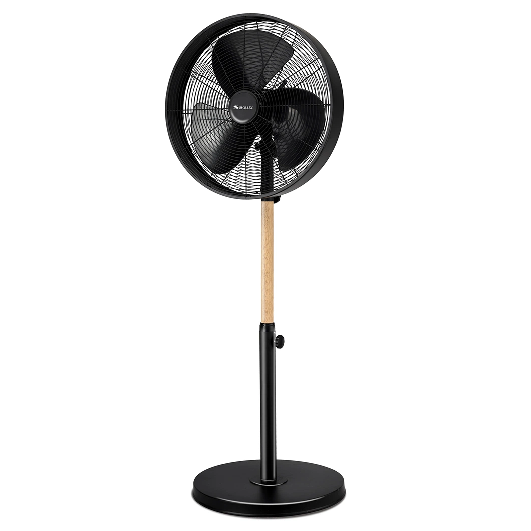 Sibolux Round 90 Degree Oscillating Base Stand Fan 16 Inch Knob Control Black and Wood Color Standing Fan