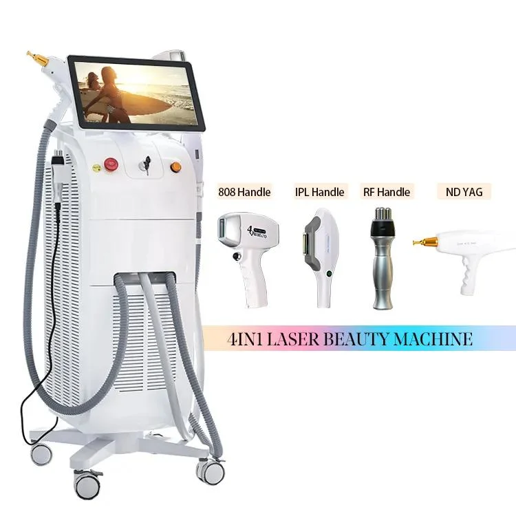 2023 Neue 4in1 ND YAG Laser+ 808 Diode Laser Haar Entfernung + IPL Hautverjüngung + RF Salon Beauty Equipment