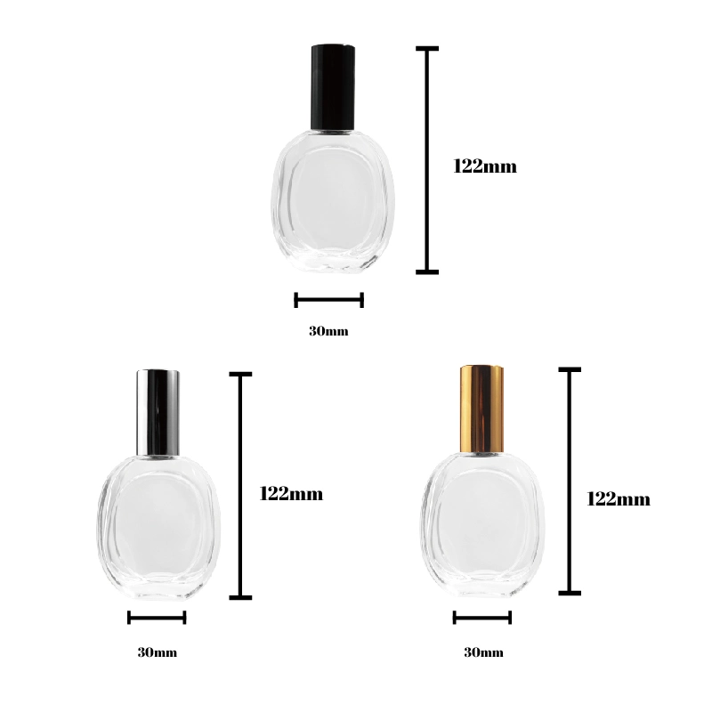 Hot Selling 50ml 1.7oz Round French-Style Cosmetics Packaging Fragrance Scent Glass Perfume Bottle with Goledn Silver Black Cap