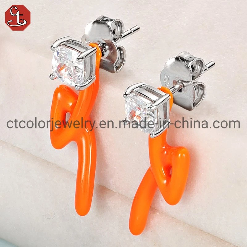 925 Sterling Silver CZ Earrings Color Enamel Dripping Oil Earring