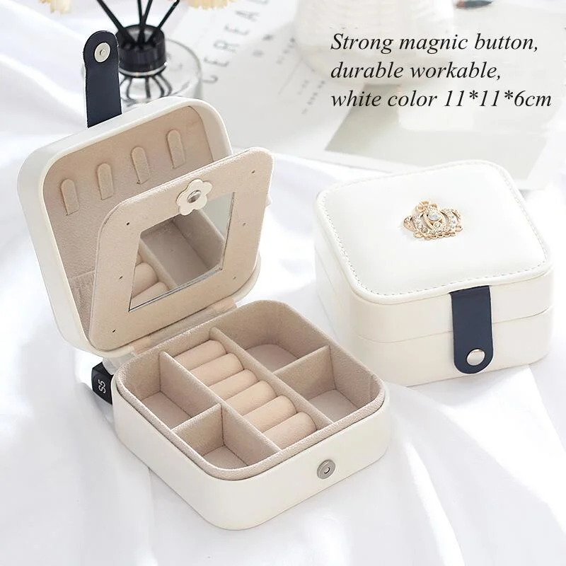 PU Leather Jewelry Box with Crown Luxury Travel Jewelry Organizer Necklace Ring Earring Storage Case