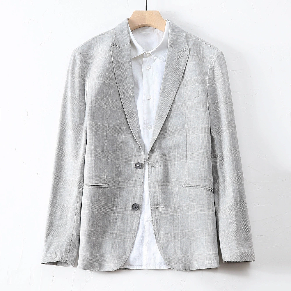 OEM Business Men's Cotton Linen Casual Suit Jacket Plaid Linen Suit