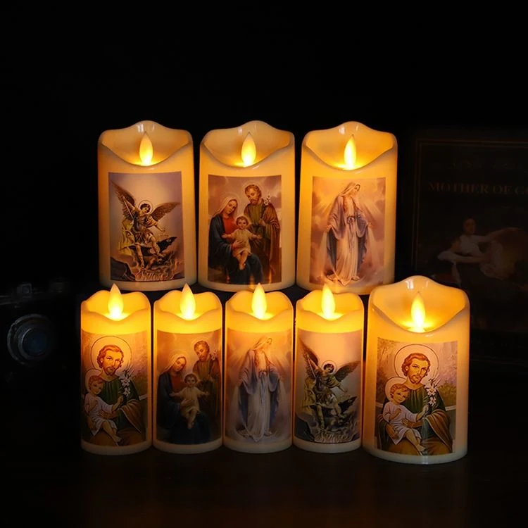 Vente chaude Bougie religieuse personnalisée à piles sans flamme avec design Virgin Jesus Bougies à LED à mèche mobile pour église.