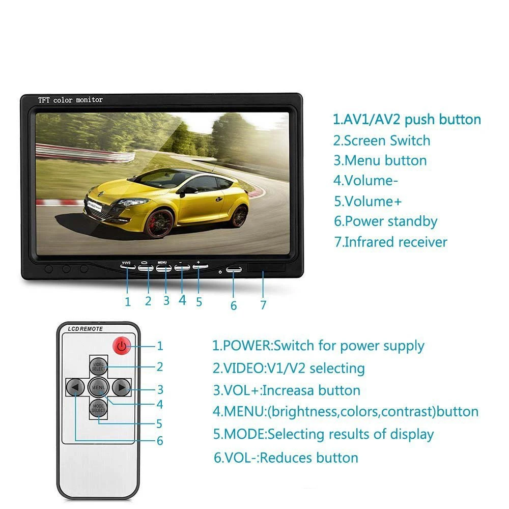 7 Inch Digital Car Rear View Backup Monitor with 2CH Video in & Remote 12-24V for Vehicles Buses