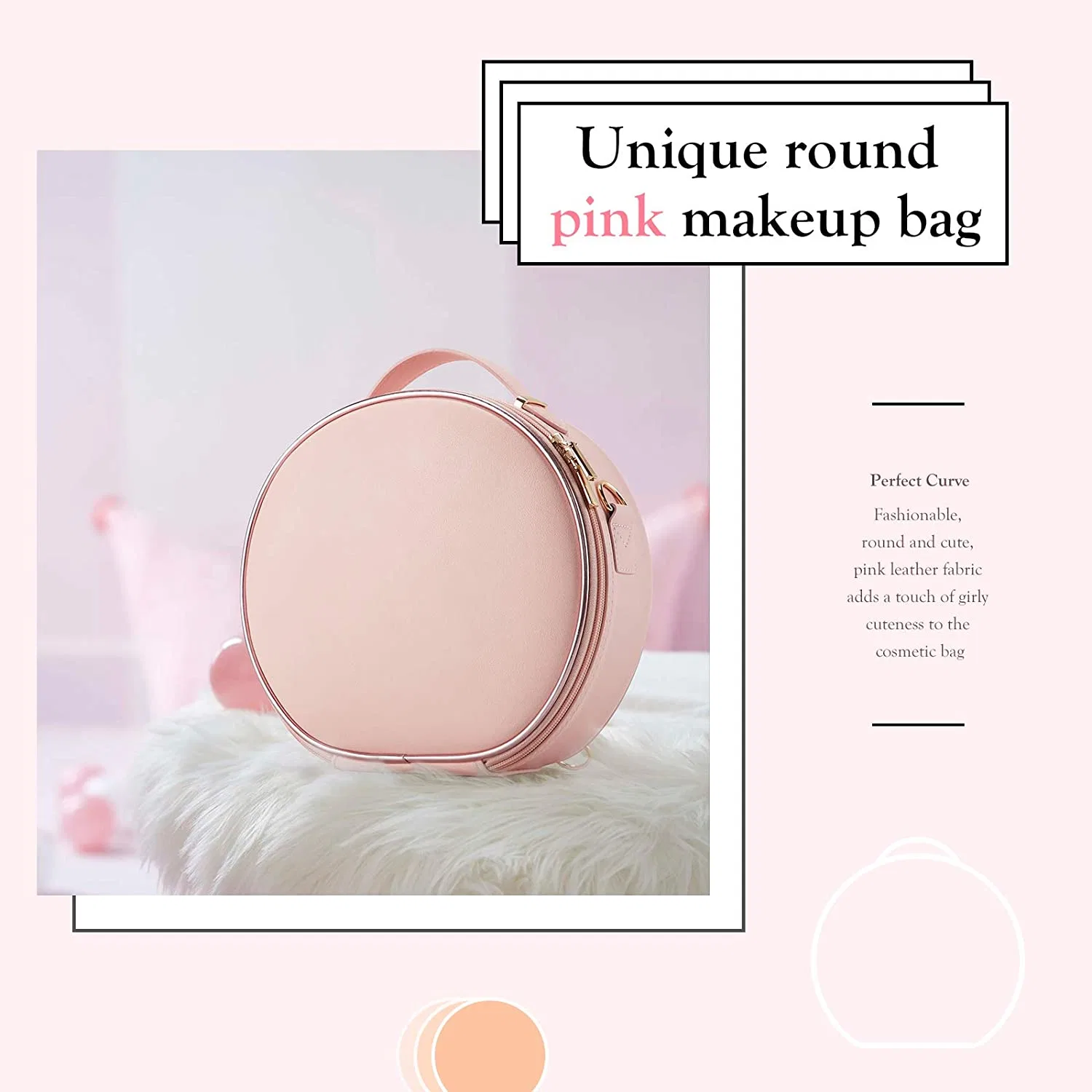 PU Leather Round Makeup Bag Cosmetic Case Travel Beauty Box Tools Organiser Storage Box Train Case with Removable Compartment and Shoulder Strap