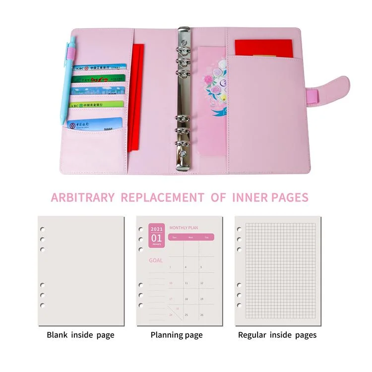 Cuaderno de venta al por mayor anillos de 6 Empresa espiral Planner Agenda de Trabajo Presupuesto Binder Macaron de color caramelo cubierta de cuero de PU5 A6 UN Binder