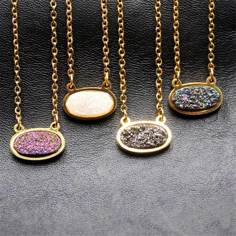 Crystal Inlaid Titanium Steel Gold-Plated Necklace Oval Colorful Double Hook Natural Crystal Necklace