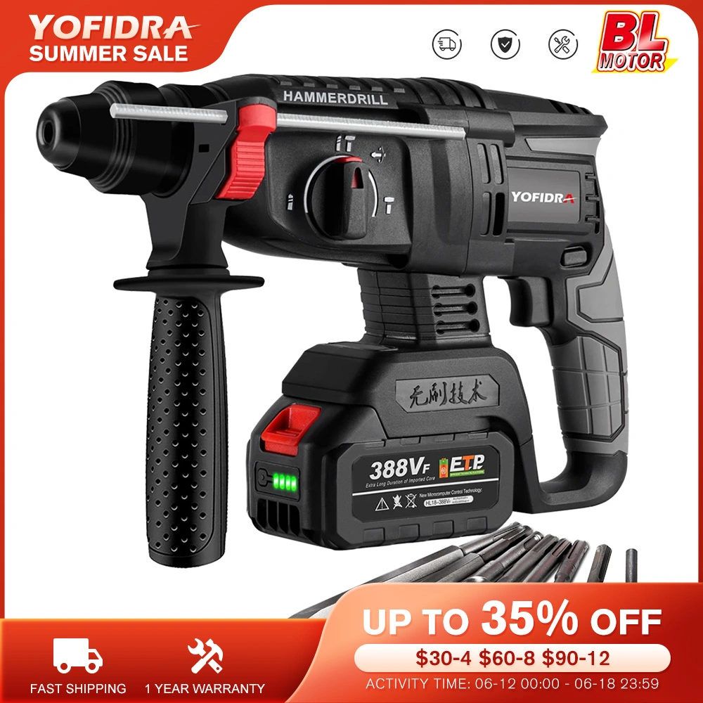 Yofidra 26mm Brushless Electric Hammer Electric Pick Impact Drill Multi-Function Cordless Rotary Tool for 18V Battery