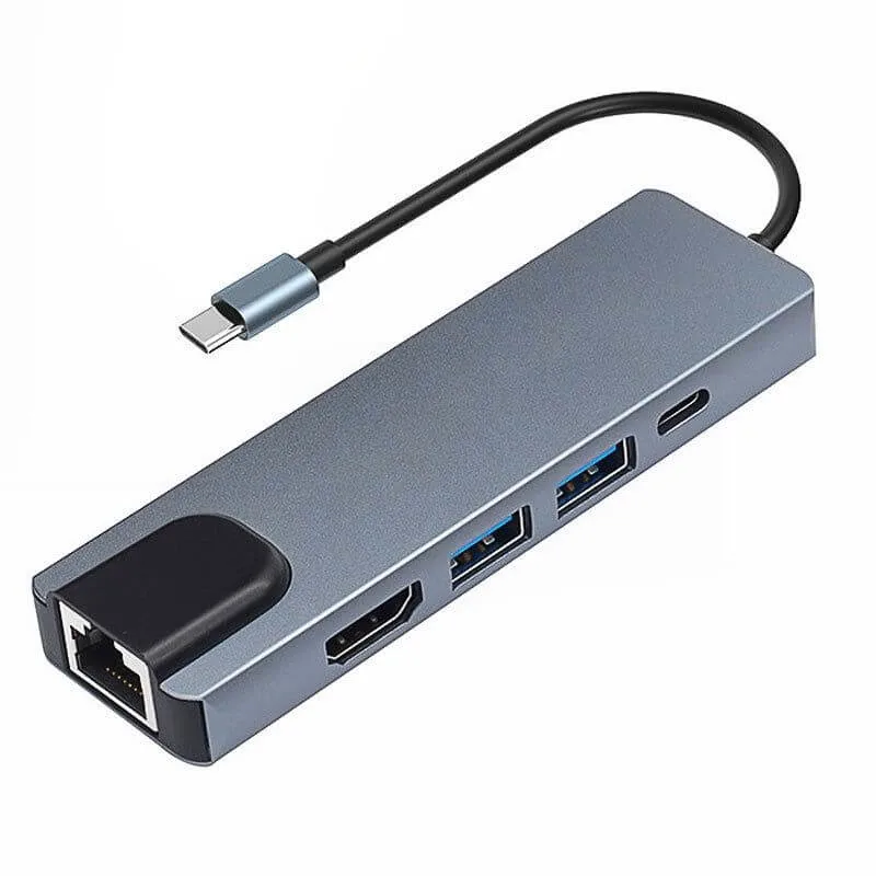 5-in-1 Multi-Function USB Hub Adapter to LAN Ethernet Pd Fast Charging