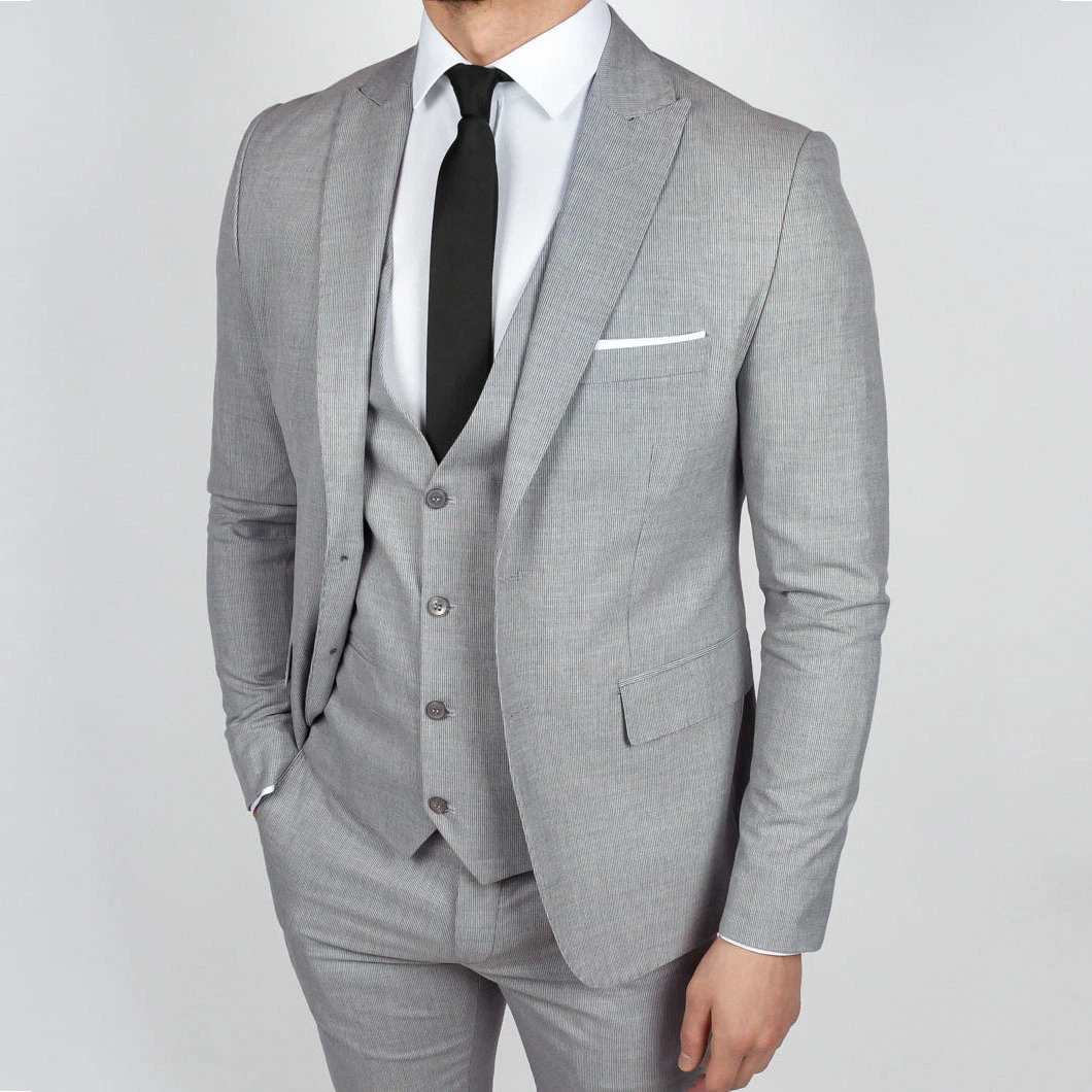 Three-Piece Suit for Men with Grey /Brown Cotton and Linen Texture