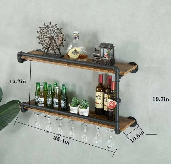 Wine Rack Wall Mounted 2 Tier Hanging Floating Bar with Glass Holder Storage Industrial Rustic for Farmhouse Kitchen Decor