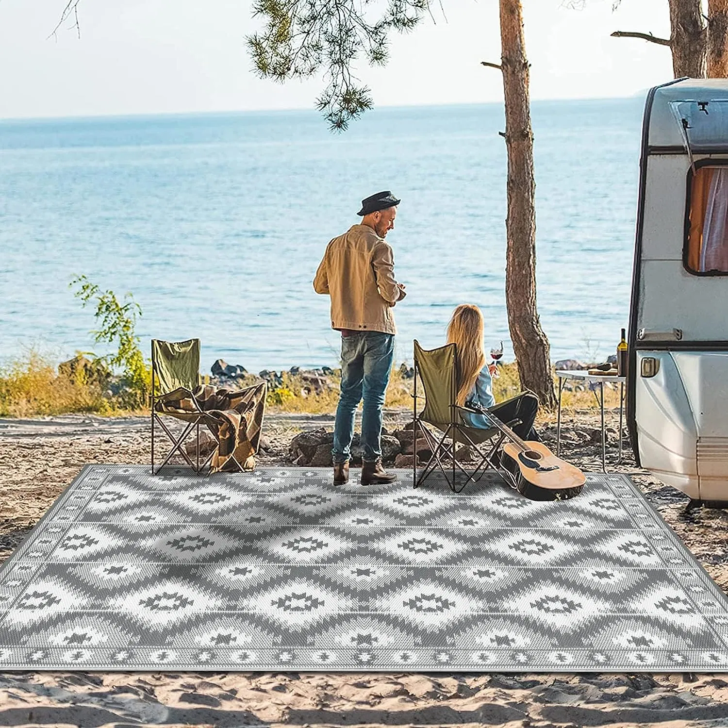 Reversible RV Camping Tent Rug Outside Area Rug for RV, Patios, Deck, Beach, Balcony, Camping