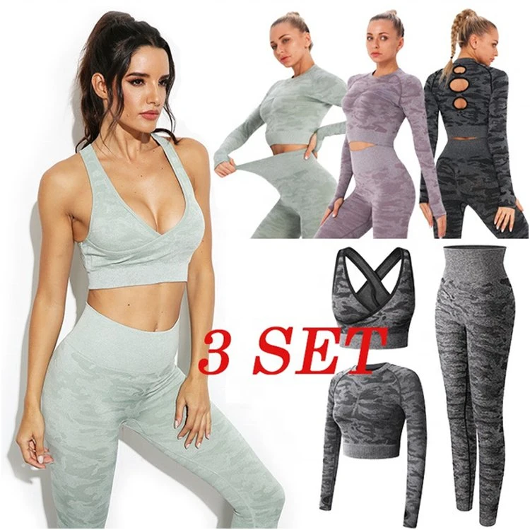 3 conjunto de sujetador de ejercicios de Yoga mujeres Top Rucked botín Camo Leggings la perfecta ejecución de los pantalones de camuflaje Allover Gimnasio Workout lleva